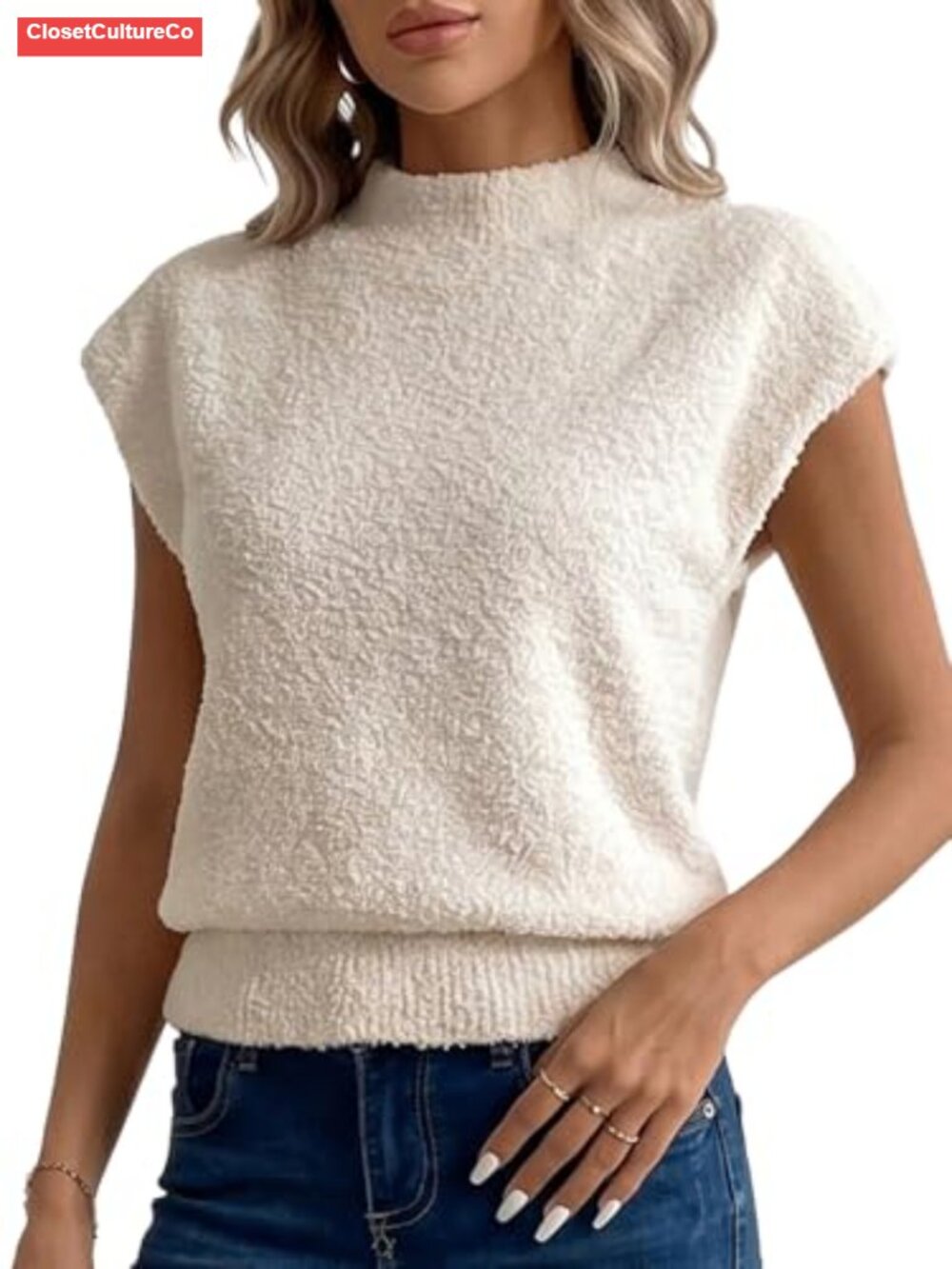 Womens Fuzzy Knit Mock Neck Cap Sleeve Sweater Vest Pullover Jumper
